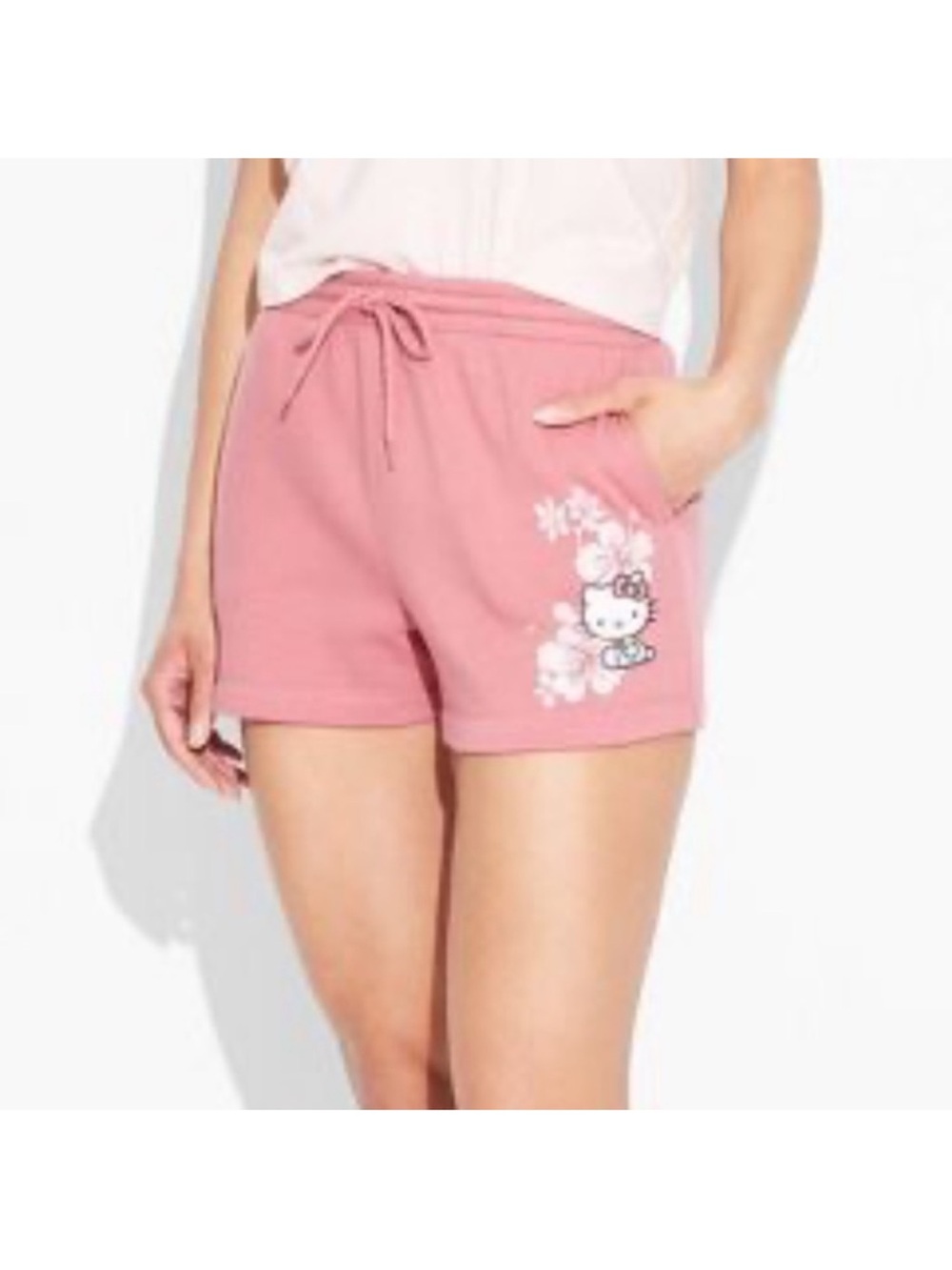 Hello Kitty Rose Pink Drawstring Lounge Shorts with Floral Graphic